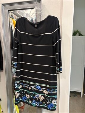 White House Black Market Black Striped Dress with Blue Floral Border